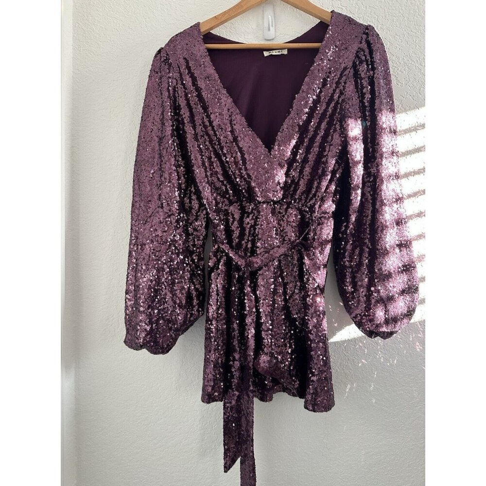 Miami Aliah Sequin Tie Waist Mini Dress M Purple Plunging Neck Barbie Fairy*Flaw